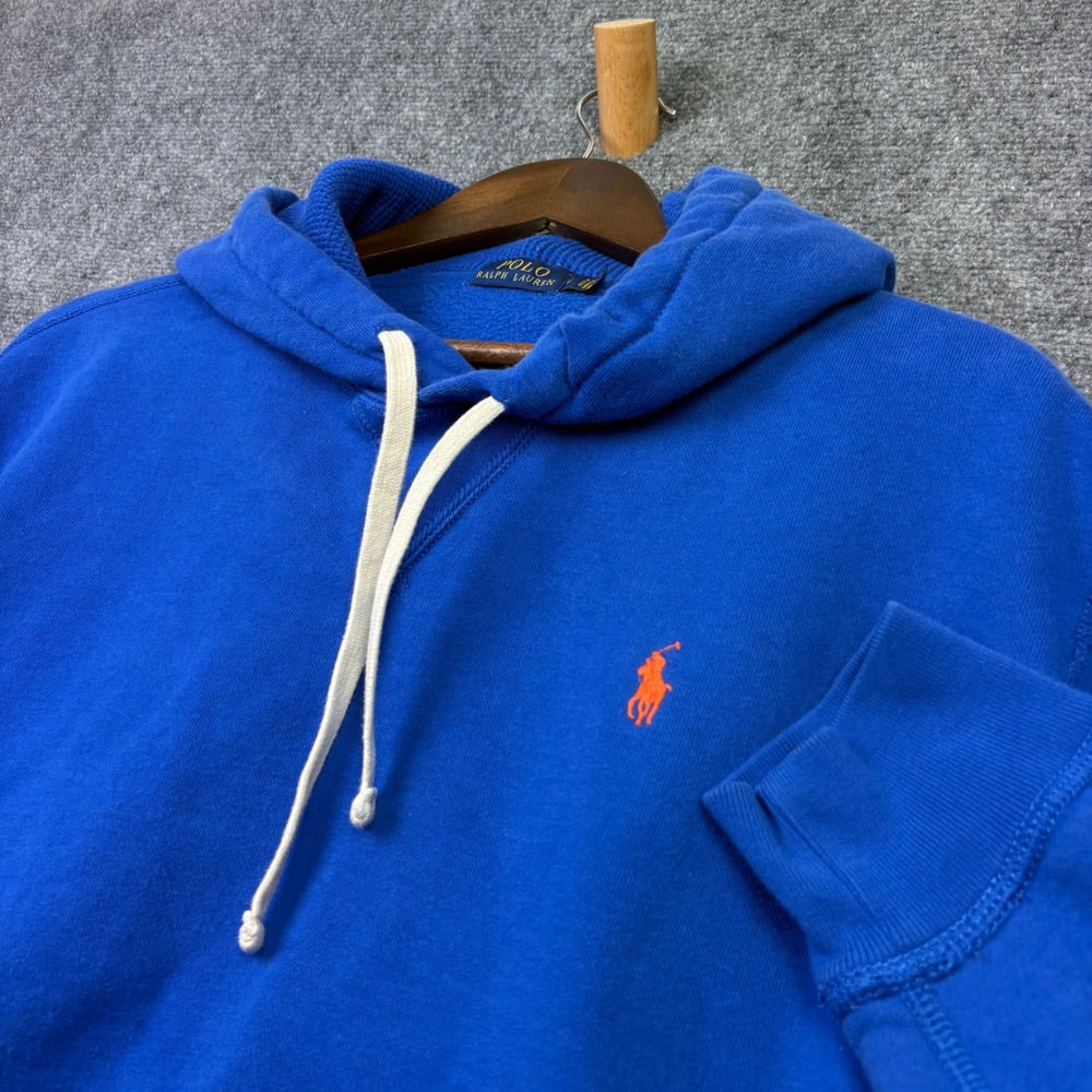 Polo Ralph Lauren Hoodie Mens Large Blue Orange Pony Fleece Pullover Sweatshirt